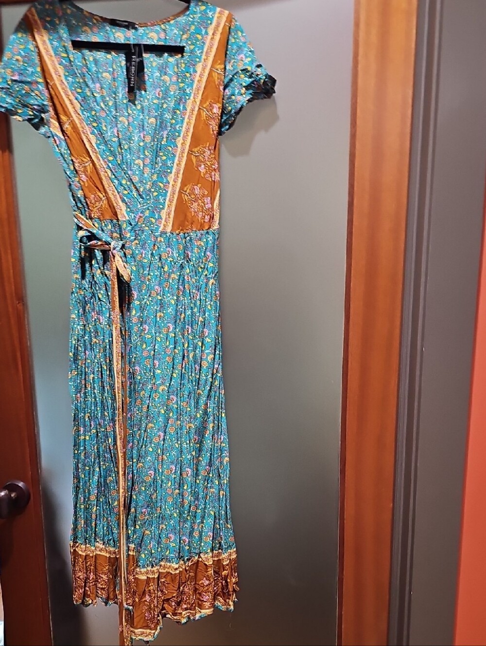 Bohemian Teal and Floral Midi Dress - Unbranded
